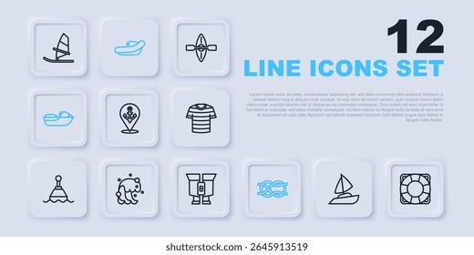 Set line Yacht sailboat, Lifebuoy, Location with anchor, Nautical rope knots, Jet ski, Tsunami, Inflatable motor and Binoculars icon. Vector
