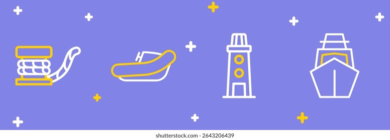 Set line Yacht sailboat, Lighthouse, Inflatable with motor and Marine bollard rope icon. Vector