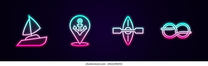 Set line Yacht sailboat, Location with anchor, Kayak and paddle and Nautical rope knots. Glowing neon icon. Vector