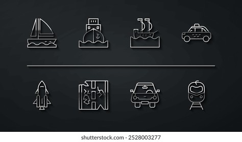 Set line Yate velero, Cohete barco con fuego, Taxi coche, coche, carretera rota, carga, tren y ferrocarril y el icono del velero. Vector