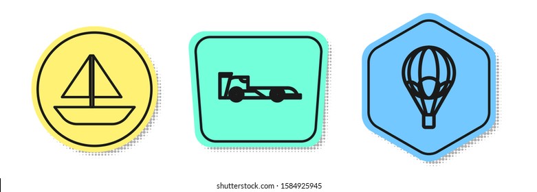 Set line Yacht sailboat or sailing ship, Formula race car and Hot air balloon. Colored shapes. Vector