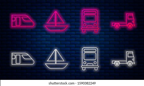 Set line Yacht sailboat or sailing ship, Bus, Train and Delivery cargo truck vehicle. Glowing neon icon on brick wall. Vector