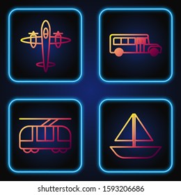 Set line Yacht sailboat or sailing ship, Tram and railway, Old retro vintage plane and School Bus. Gradient color icons. Vector