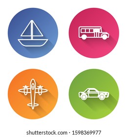 Set line Yacht sailboat or sailing ship, School Bus, Old retro vintage plane and Sedan car. Color circle button. Vector