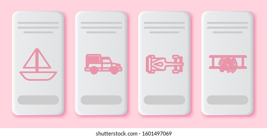Set line Yacht sailboat or sailing ship, Delivery cargo truck vehicle, Formula race car and Old retro vintage plane. White rectangle button. Vector