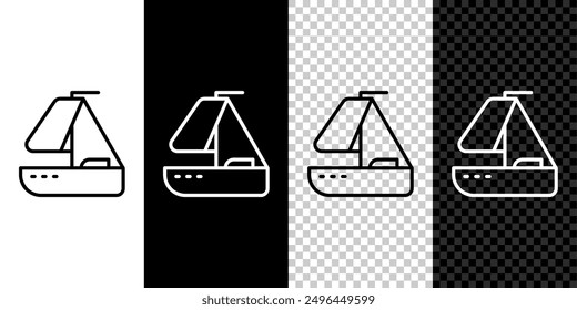 Set line Yacht sailboat or sailing ship icon isolated on black and white, transparent background. Sail boat marine cruise travel.  Vector