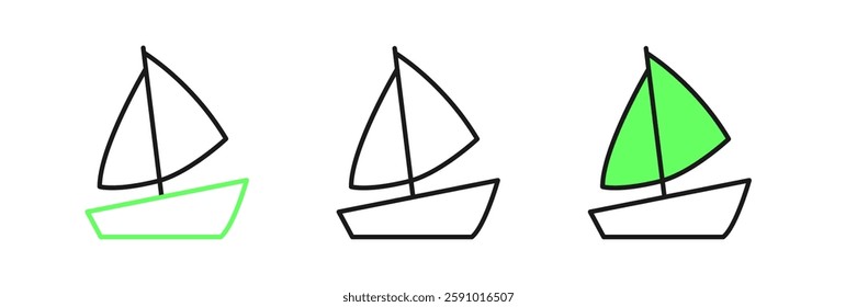 Set line Yacht sailboat or sailing ship icon isolated on white background. Sail boat marine cruise travel.  Vector