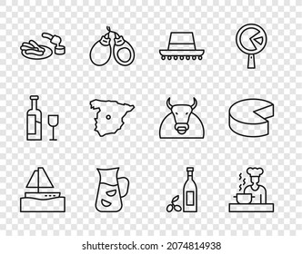 Set line Yacht sailboat, Spanish cook, hat, Sangria, Churros and chocolate, Map of Spain, Bottle olive oil and Cheese icon. Vector