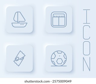 Set line Yacht sailboat, Sport mechanical scoreboard, Flippers for swimming and Soccer football ball. White square button. Vector