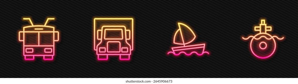 Set line Yacht sailboat, Trolleybus, Delivery cargo truck and Submarine. Glowing neon icon. Vector