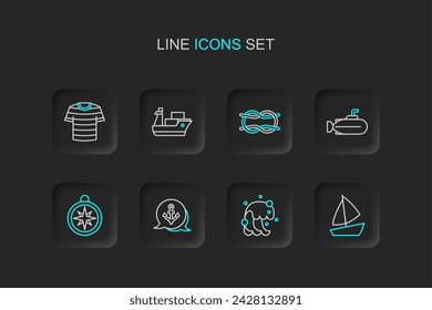 Set line Yacht sailboat, Tsunami, Anchor, Compass, Submarine, Nautical rope knots, Cargo ship and Striped sailor t-shirt icon. Vector