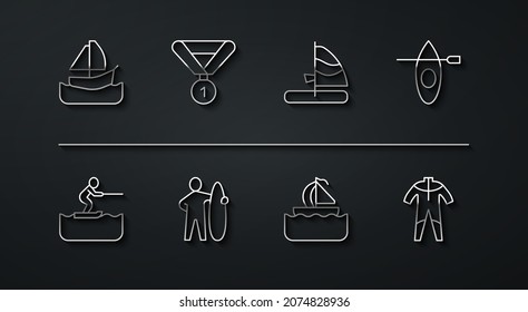 Set line Yacht sailboat, Water skiing man, Kayak and paddle, Surfboard, Medal, Wetsuit for scuba diving and Windsurfing icon. Vector