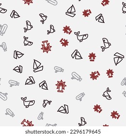 Set line Yacht sailboat, Whale, Submarine and Ship steering wheel on seamless pattern. Vector
