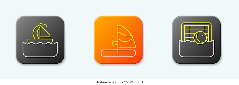 Set line Yacht sailboat, Windsurfing and Water polo icon. Vector