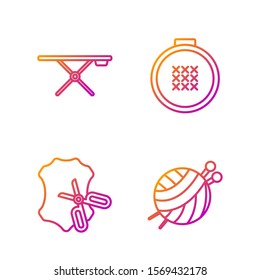 Set line Yarn ball with knitting needles, Scissors and leather, Ironing board and Round adjustable embroidery hoop. Gradient color icons. Vector