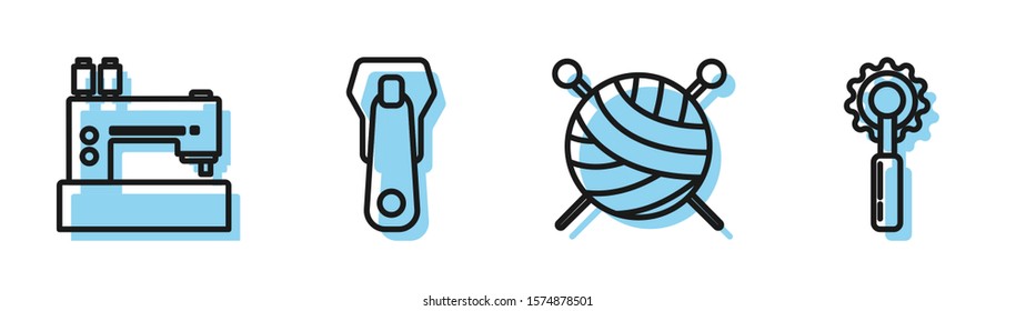 Set line Yarn ball with knitting needles, Sewing machine, Zipper and Cutter tool icon. Vector