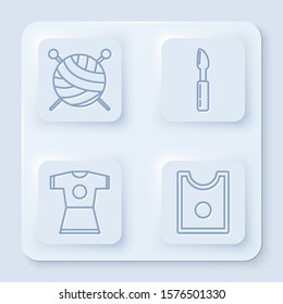 Set line Yarn ball with knitting needles, Cutter tool, Woman dress and Sewing Pattern. White square button. Vector