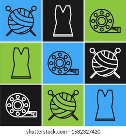 Set line Yarn ball with knitting needles, Tape measure and Woman dress icon. Vector
