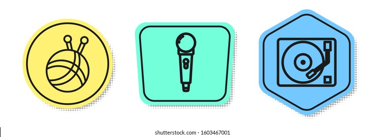 Set line Yarn ball with knitting needles, Microphone and Vinyl player with a vinyl disk. Colored shapes. Vector