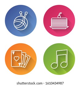 Set line Yarn ball with knitting needles, Cake, Playing card with heart symbol and Music note, tone. Color circle button. Vector