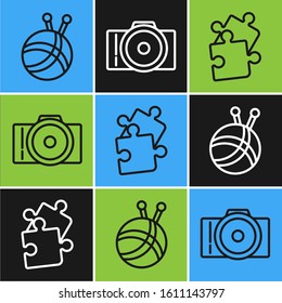 Set line Yarn ball with knitting needles, Piece of puzzle and Photo camera icon. Vector