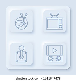 Set line Yarn ball with knitting needles, Television, Joystick for arcade machine and Portable video game console. White square button. Vector