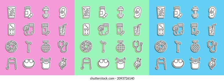 Set line Yarn ball with knitting needles, Stethoscope, Glass water, Dumbbell, Socks, Domino, False jaw glass and Medicine bottle and pills icon. Vector