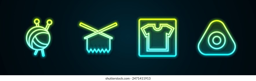 Set line Yarn ball with knitting needles, Knitting, Sewing pattern and chalk. Glowing neon icon. Vector