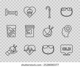 Bola de hilo con agujas de tejer, hogar de ancianos, bastón de bastón, ritmo cardíaco, cama, botella de medicina y píldoras, gafas e icono de hospital de cabeza masculina. Vector