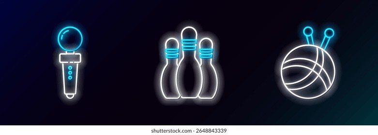 Set line Yarn ball with knitting needles, Joystick for arcade machine and Bowling pin icon. Glowing neon. Vector