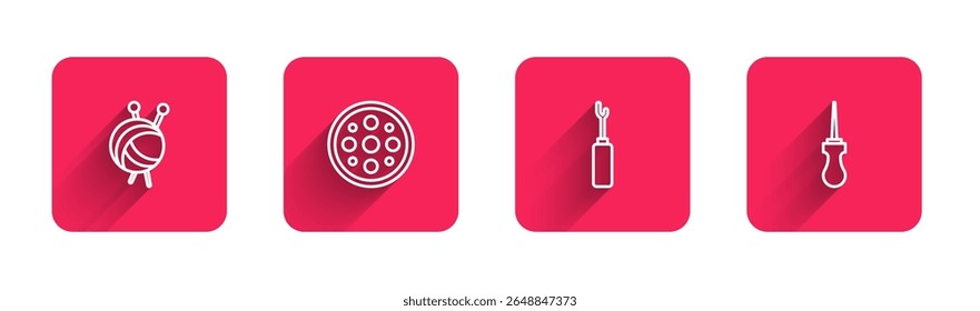 Set line Yarn ball with knitting needles, Sewing button, Awl tool and  with long shadow. Red square button. Vector