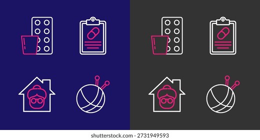 Bola de hilo con agujas de tejer, hogar de ancianos, receta médica y píldoras icono del paquete de ampolla. Vector