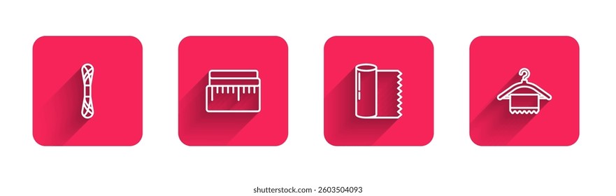 Set line Yarn, Tape measure, Textile fabric roll and Hanger wardrobe with long shadow. Red square button. Vector