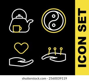 Set line Yin Yang, Acupuncture therapy, Heart hand and Teapot with icon. Vector