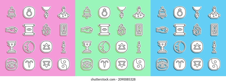 Set line Yin Yang, Burning candle, Tarot cards, Necklace with crystal, Ancient magic scroll, Snake, Ringing alarm bell and Magic stone icon. Vector