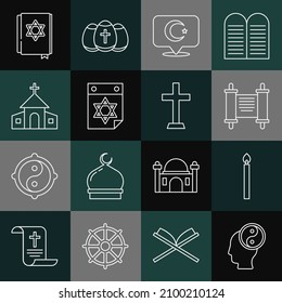 Set line Yin Yang, Burning candle, Decree, paper, parchment, scroll, Star crescent, Jewish calendar, Church building, torah book and Christian cross icon. Vector