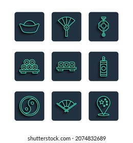 Set line Yin Yang, Chinese or japanese folding fan, China flag, paper lantern, Sushi on cutting board,  and Firework icon. Vector