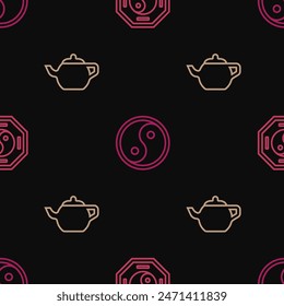 Set line Yin Yang, Chinese tea ceremony and  on seamless pattern. Vector