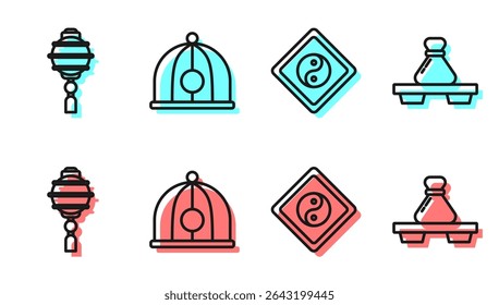 Set line Yin Yang, Chinese paper lantern, Chinese hat and Dumpling on cutting board icon. Vector