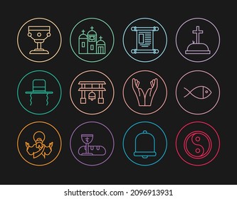 Set line Yin Yang, Christian fish, Decree, paper, parchment, scroll, Japan Gate, Orthodox jewish hat with sidelocks, chalice, Hands praying position and Church building icon. Vector
