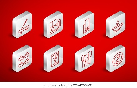 Set line Yin Yang, Cup of tea with tea bag, Indian textile fabric, Aroma lamp, Elephant, Scented spa stick, constitution day and spice icon. Vector