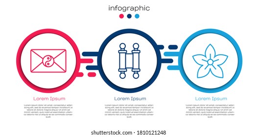 Set line Yin Yang and envelope, Decree, paper, parchment, scroll and Lotus flower. Business infographic template. Vector