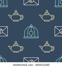 Set line Yin Yang and envelope, Chinese tea ceremony and Chinese hat on seamless pattern. Vector