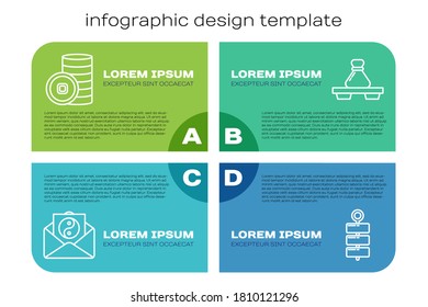 Set line Yin Yang and envelope, Chinese Yuan currency, Firework and Dumpling on cutting board. Business infographic template. Vector