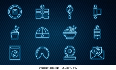 Set line Yin Yang and envelope, Firework, Chinese hat, Asian noodles paper box chopsticks, Yuan currency, bowl and  icon. Vector