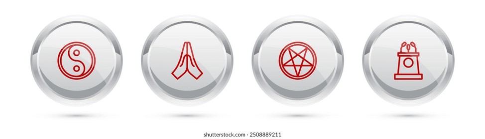 Set line Yin Yang, Hands praying position, Pentagram circle and Stage stand or tribune. Silver circle button. Vector