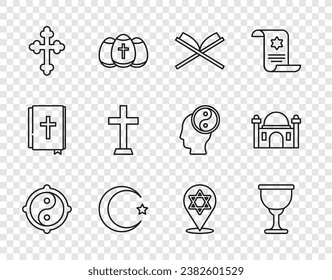 Set line Yin Yang, Holy grail or chalice, book of Koran, Star and crescent, Christian cross, David and Muslim Mosque icon. Vector