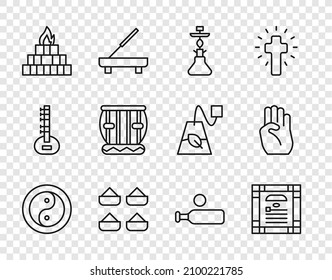 Set line Yin Yang, India constitution day, Hookah, Indian spice, Yagna, Instrument tabla, Wood cricket bat and ball and symbol hand icon. Vector