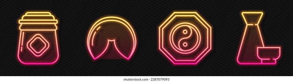 Set line Yin Yang, Jar of honey, Chinese fortune cookie and Chinese tea ceremony. Glowing neon icon. Vector
