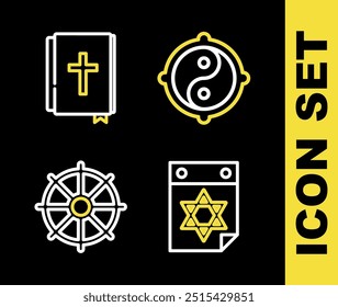 Set line Yin Yang, Jewish calendar, Dharma wheel and Holy bible book icon. Vector